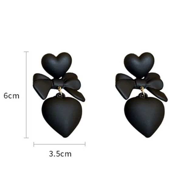 Black Heart Earrings Bow Dangle Drop Earrings Unique Exquisite Metal Hearts 💕 🆕 - Picture 3 of 6